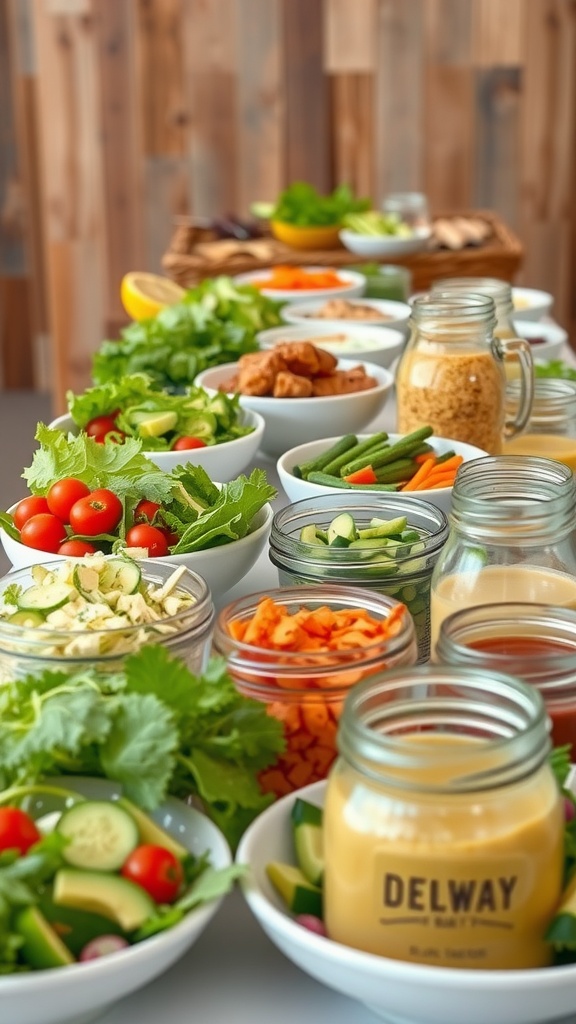 A colorful salad bar with various fresh ingredients and dressings for a buffet setup.